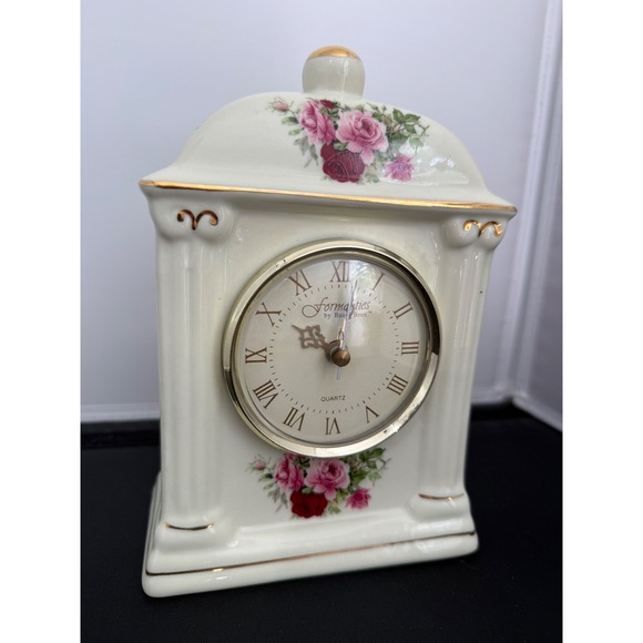 Vintage 80s Mantel Desk Porcelain‎ Clock Baum Bros French style rose Floral - Picture 10 of 10